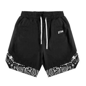 Head Cashew Flower Shorts Hip-hop Trend Loose Fake Two-piece Five-point Pants (Option: Black-XL)