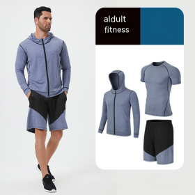 Fitness Suit Men's Morning Running Night Running Sports Quick-drying Five-piece Tights Foot Basketball Training Wear Wholesale (Option: Blue Coat Three Set-M)