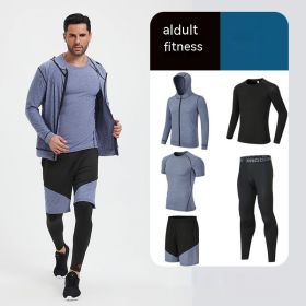 Fitness Suit Men's Morning Running Night Running Sports Quick-drying Five-piece Tights Foot Basketball Training Wear Wholesale (Option: Space Blue 5piece-S)