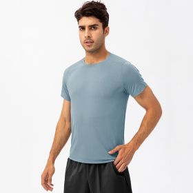 Men's Loose Running Quick Drying Clothes Round Neck T-shirt Sweat-absorbent Breathable Fitness Sports Casual Short Sleeve Clothes (Option: Gray Blue-S)