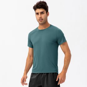 Men's Loose Running Quick Drying Clothes Round Neck T-shirt Sweat-absorbent Breathable Fitness Sports Casual Short Sleeve Clothes (Option: Blue Green-S)