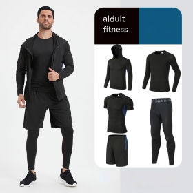 Fitness Suit Men's Morning Running Night Running Sports Quick-drying Five-piece Tights Foot Basketball Training Wear Wholesale (Option: Black And Blue 5 Pieces-4XL)