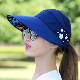 Wide Brim Sun Visor Foldable Picnic Hat Beach UV Protection Scallop Cap For Outdoor With Faux Pearl & Flower; Women's Hat & Caps (Color: 5# Navy Blue)