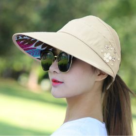 Wide Brim Sun Visor Foldable Picnic Hat Beach UV Protection Scallop Cap For Outdoor With Faux Pearl & Flower; Women's Hat & Caps (Color: 2# Beige)