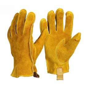 Man Work Gloves Stretchable Tough Grip Leather for Utility Construction Wood Cutting Cowhide Gardening Hunting Gloves 2010 (Color: Yellow-No Logo)