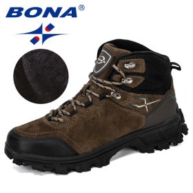 BONA New Designers Genuine Leather Hiking Shoes Winter Sneakers Men Mountain Man Tactical Hunting Footwear Plush Warm Shoes (Color: Brown)