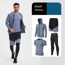 Fitness Suit Men's Morning Running Night Running Sports Quick-drying Five-piece Tights Foot Basketball Training Wear Wholesale (Option: Blue Four Set-M)