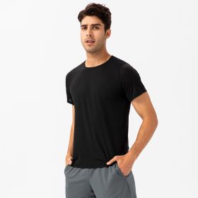 Men's Loose Running Quick Drying Clothes Round Neck T-shirt Sweat-absorbent Breathable Fitness Sports Casual Short Sleeve Clothes (Option: Black-M)